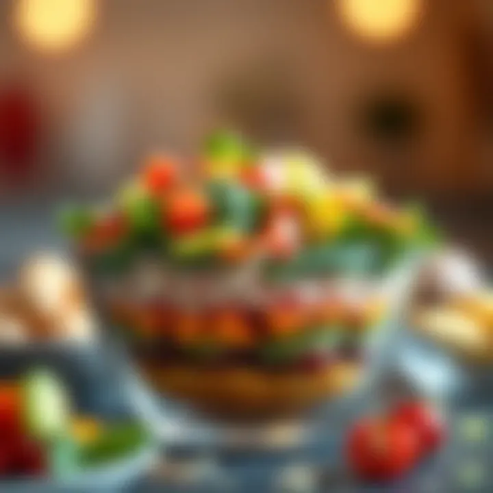 Colorful layered vegetable salad in a glass bowl