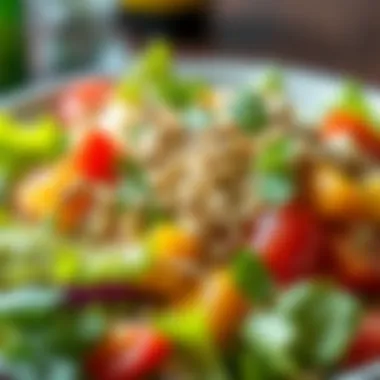 Close-up of a refreshing salad garnished with herbs and seeds