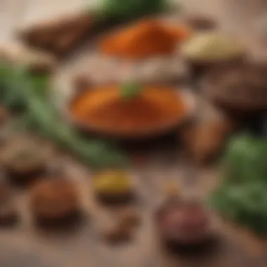 An array of spices and herbs that enhance the flavors of the Acharya recipe.