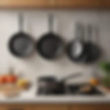 A well-organized kitchen featuring various inexpensive frying pans