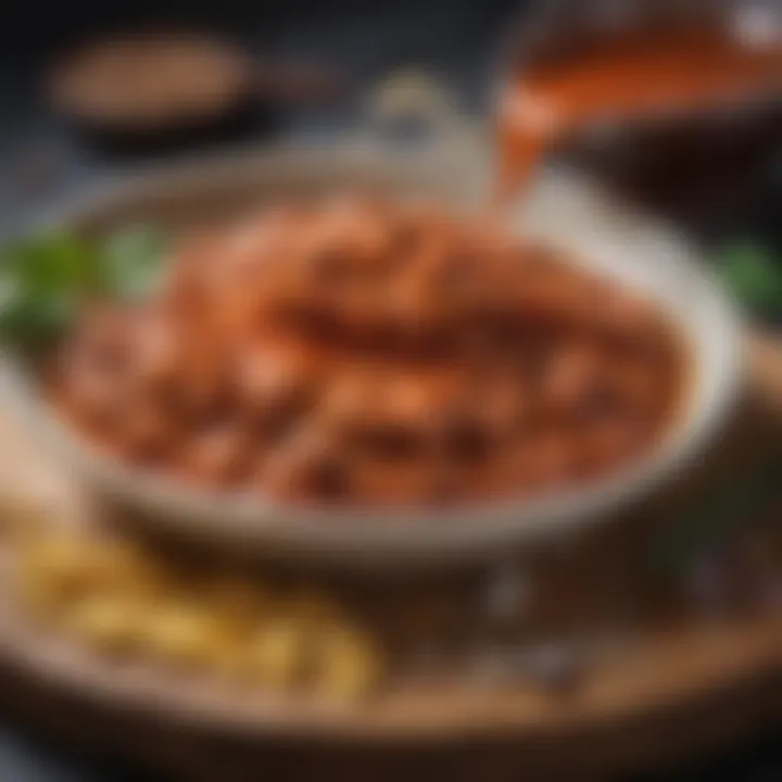 A close-up of the Ahogado sauce, emphasizing its rich consistency and the blend of spices that contribute to its distinct flavor profile.