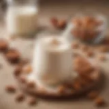 A vibrant display of almond creamer powder alongside whole almonds and a glass of almond milk