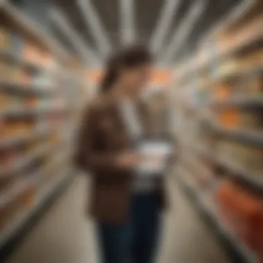 A close-up of a shopper using a tablet to browse Amazon while surrounded by various products.