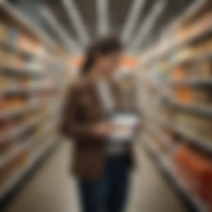 A close-up of a shopper using a tablet to browse Amazon while surrounded by various products.