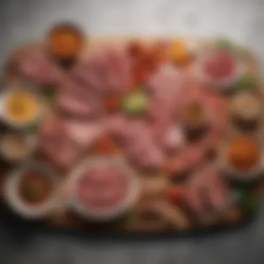 A table set with various meat dishes showcasing culinary diversity.