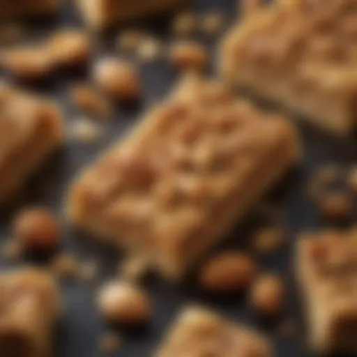 A close-up of golden brown granola bars with visible peanut chunks and a drizzle of honey.