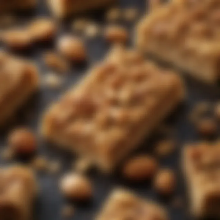 A close-up of golden brown granola bars with visible peanut chunks and a drizzle of honey.