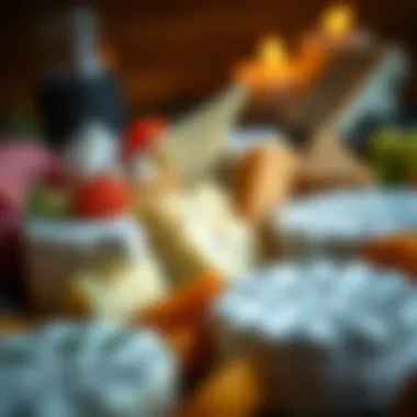 Intricate arrangement of various cheeses with artistic garnishes that enhance visual appeal.