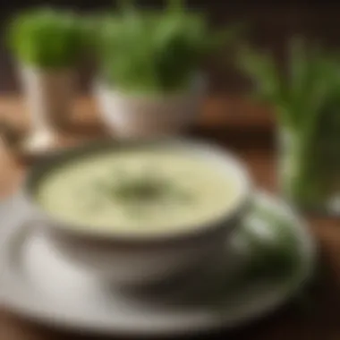 A bowl of creamy asparagus soup topped with herbs