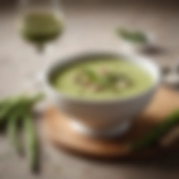 A gourmet presentation of asparagus soup garnished artistically