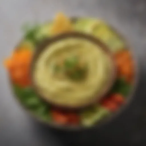 A bowl of creamy avocado hummus garnished with herbs and spices