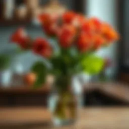 A stunning arrangement of bacon roses in a decorative vase