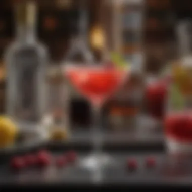 An elegant bar setting showcasing the ingredients for a cosmopolitan cocktail.