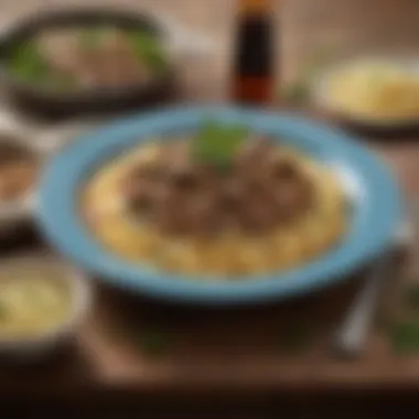 An elegant dining setup featuring Beef Stroganoff served with a side of noodles and garnished with fresh herbs