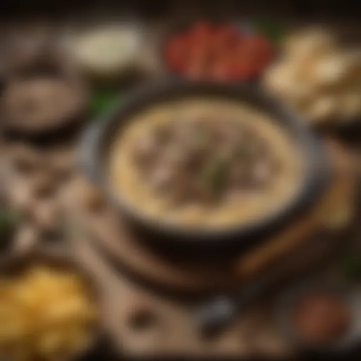 A rustic wooden table adorned with ingredients for Beef Stroganoff, showcasing mushrooms, beef, and spices