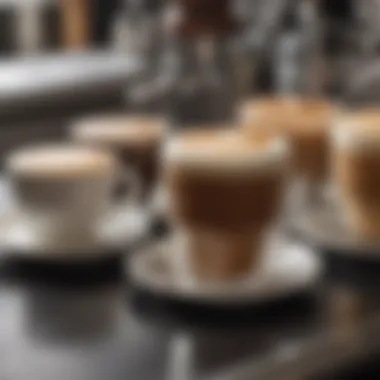 An organized coffee bar displaying various coffee drinks and beautifully crafted latte art.