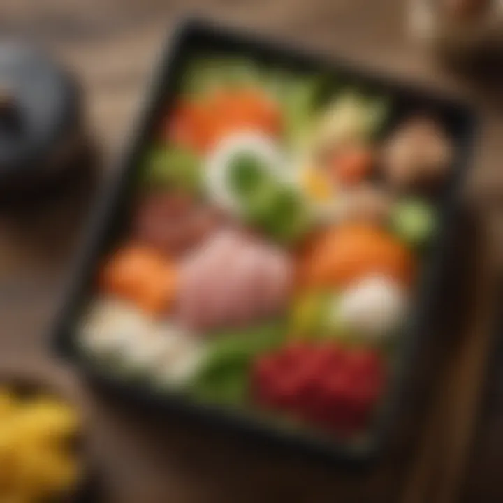 A beautifully arranged bento box featuring seasonal vegetables and sushi.