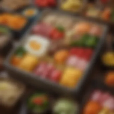 A close-up of vibrant ingredients used in a traditional bento meal.