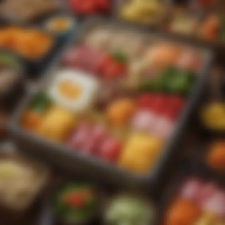 A close-up of vibrant ingredients used in a traditional bento meal.