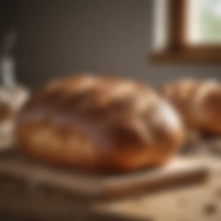 Freshly baked loaf of bread resting on a wooden countertop.