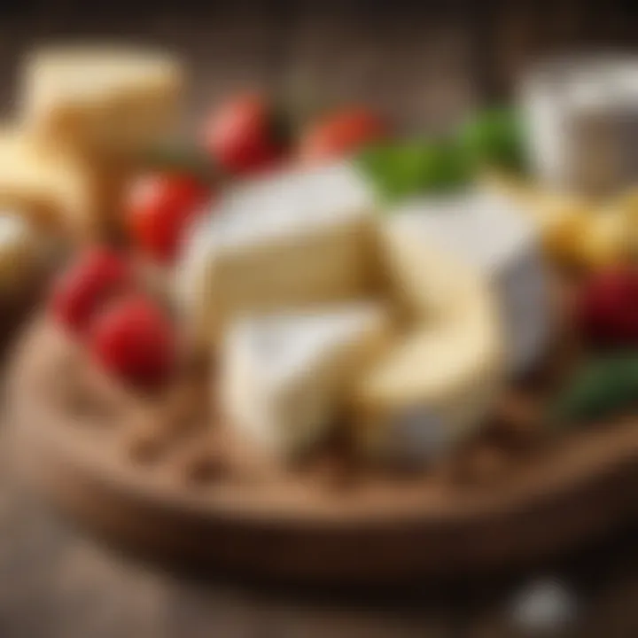 A variety of creamy cheeses arranged on a wooden platter