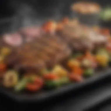 Close-up view of griddle with perfectly seared vegetables and meats