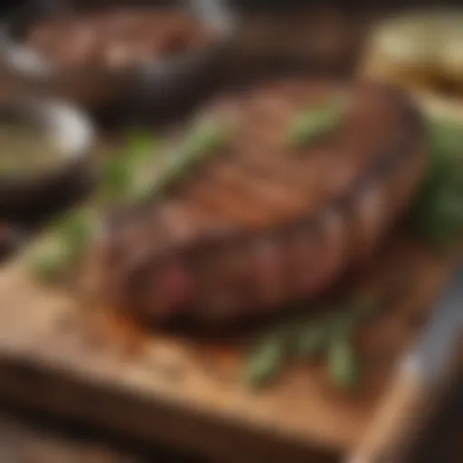 Grilled steak with herbs and spices on a wooden board