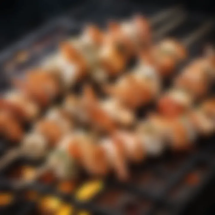 Seafood skewers sizzling on the grill