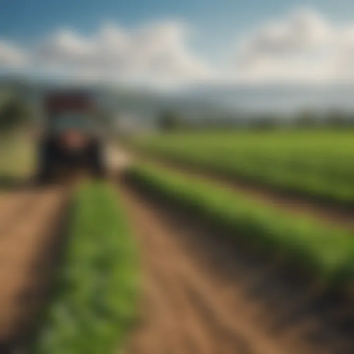 Lush green fields under blue skies with crops