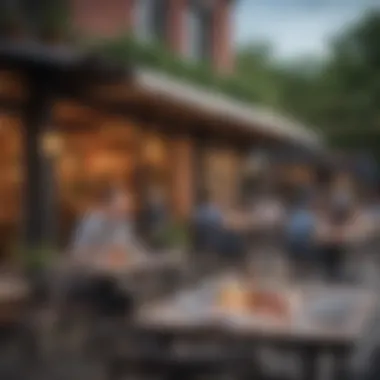 A vibrant outdoor dining scene with patrons enjoying their meals.