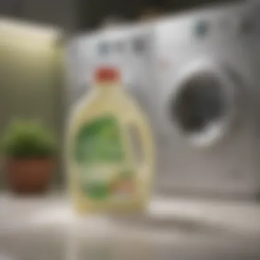 Eco-friendly powder detergent with a green label in a laundry setting