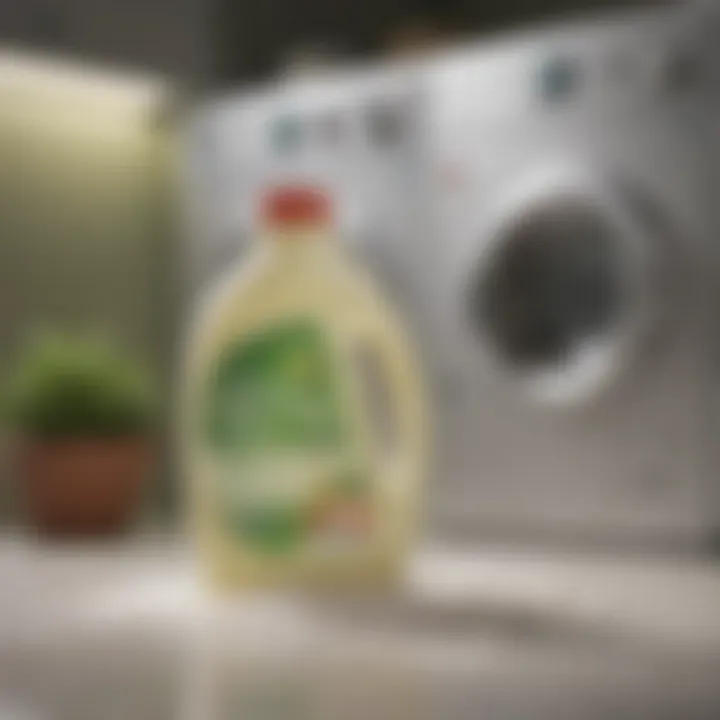 Eco-friendly powder detergent with a green label in a laundry setting