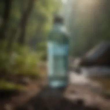 An outdoor scene featuring a water bottle being used during a hiking adventure.