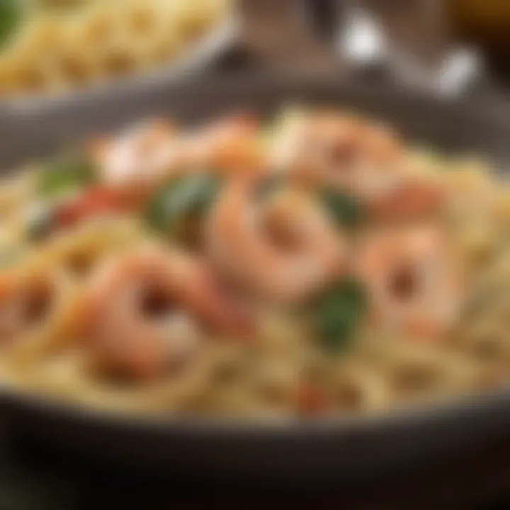 Creamy shrimp pasta garnished with parmesan and basil