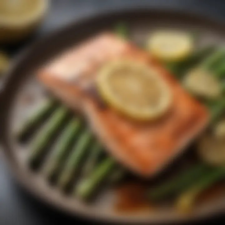 Grilled salmon served with asparagus and lemon