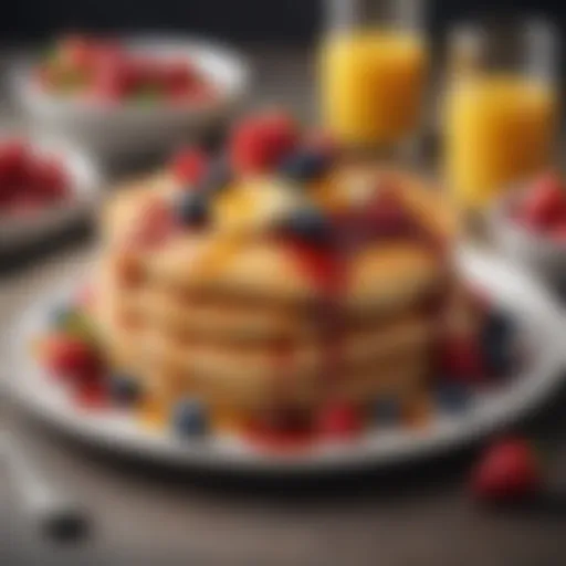 A colorful spread of pancakes topped with fresh berries and syrup