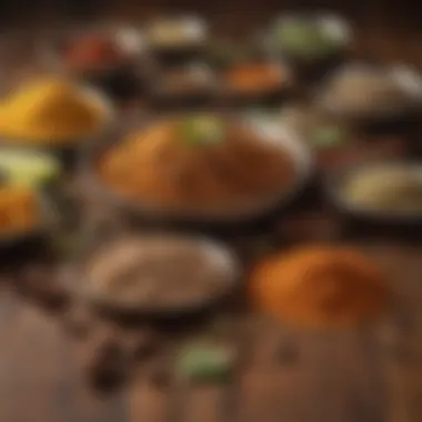 An array of spices used in making Chicken Biryani laid out on a wooden surface.