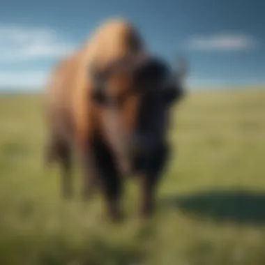 A lush grass pasture where bison graze under a clear blue sky