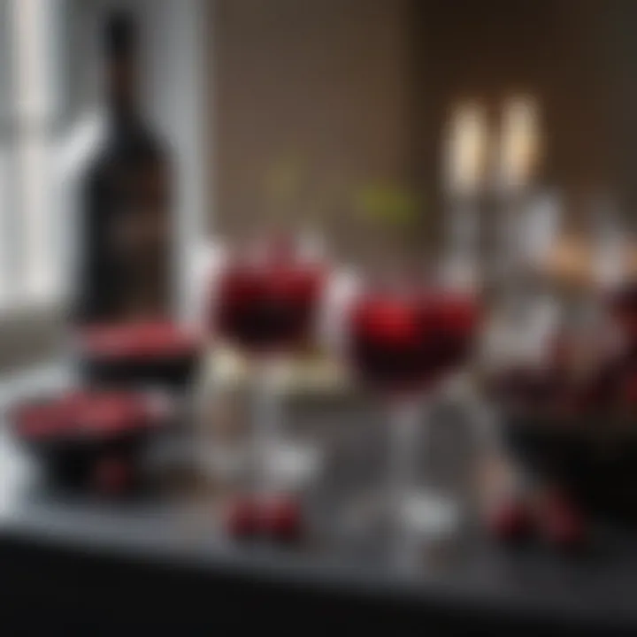 A beautifully set table with a black cherry cocktail, elegant glassware, and complementary food pairings for an upscale occasion.