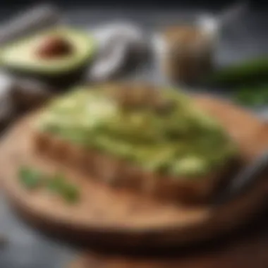 Sliced avocado on whole grain toast garnished with seeds and herbs.