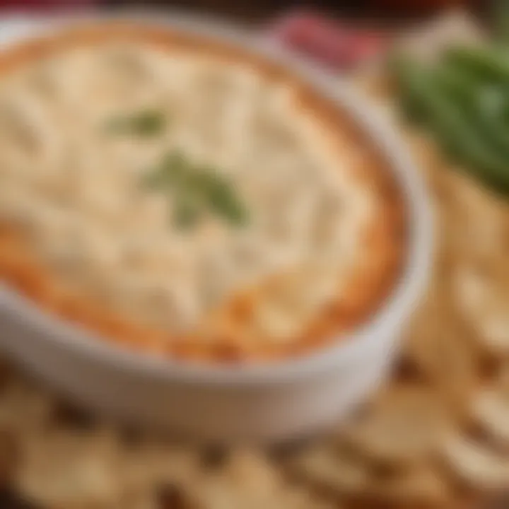 A close-up view of buffalo chicken dip showing its creamy texture and rich flavors