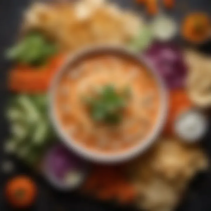 An array of fresh vegetables and tortilla chips arranged around a bowl of buffalo chicken dip