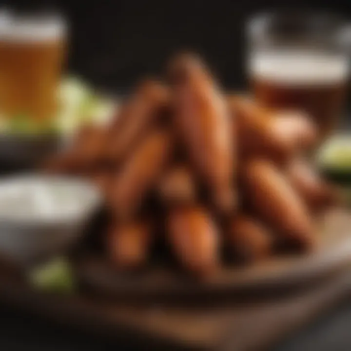 An array of buffalo wings paired with craft beers and dipping sauces.