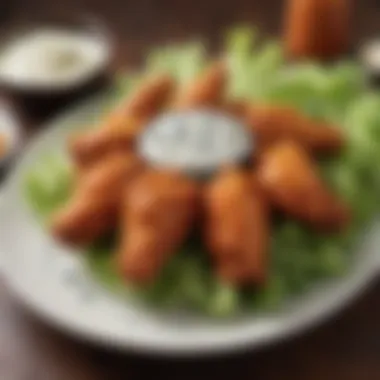 A close-up of succulent buffalo wings garnished with celery and blue cheese dressing.