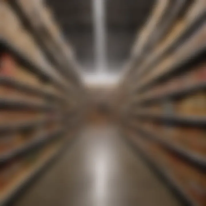 A wide aisle in a warehouse store showcasing bulk food items