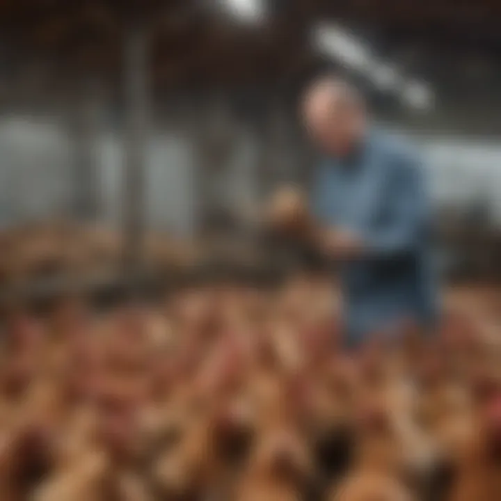 A farmer interacting with free-range hens, illustrating humane livestock management