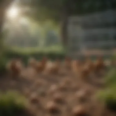 A serene outdoor setting showcasing hens roaming freely in a cage-free environment