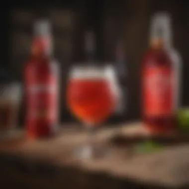 Craft beer poured into a rustic glass with Campari bottle in the background