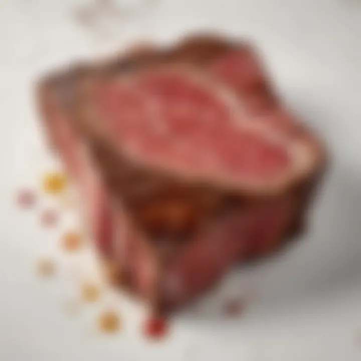 Close-up view of a juicy steak with a high-fat content showcasing its marbling.