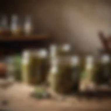 A rustic kitchen scene with jars of homemade caper brine and fresh ingredients